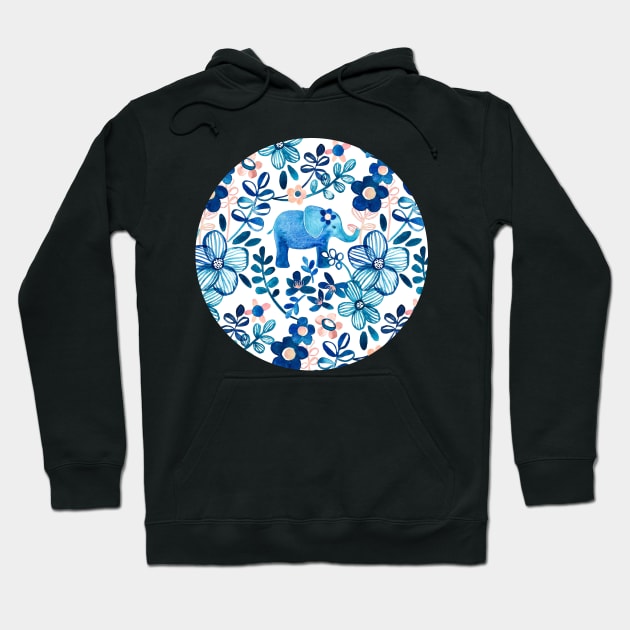 Blush Pink, White and Blue Elephant and Floral Watercolor Pattern Hoodie by micklyn